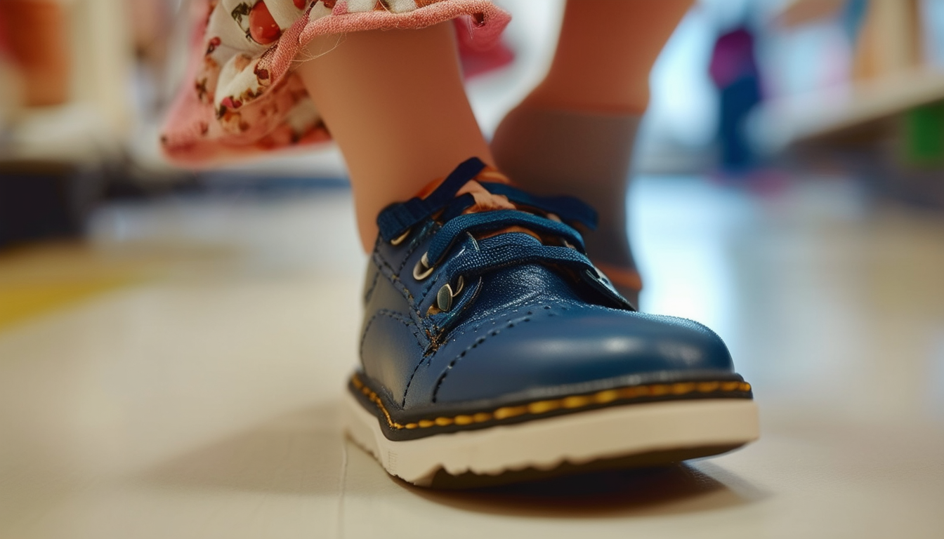 A close-up shot of a girl trying on a pair of scho